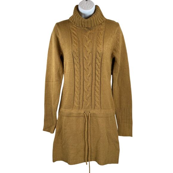 Derek Heart Cable Knit Turtleneck Sweater Dress Women's L Tan FrontTie DropWaist - Picture 2 of 10